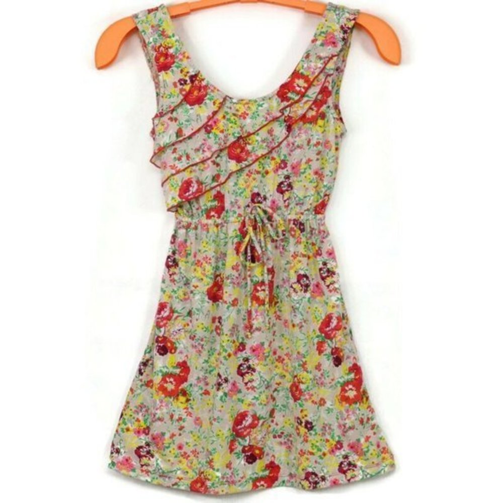 No Boundaries Sundress Floral Beige Red Yellow Green S‎ Small 3 5